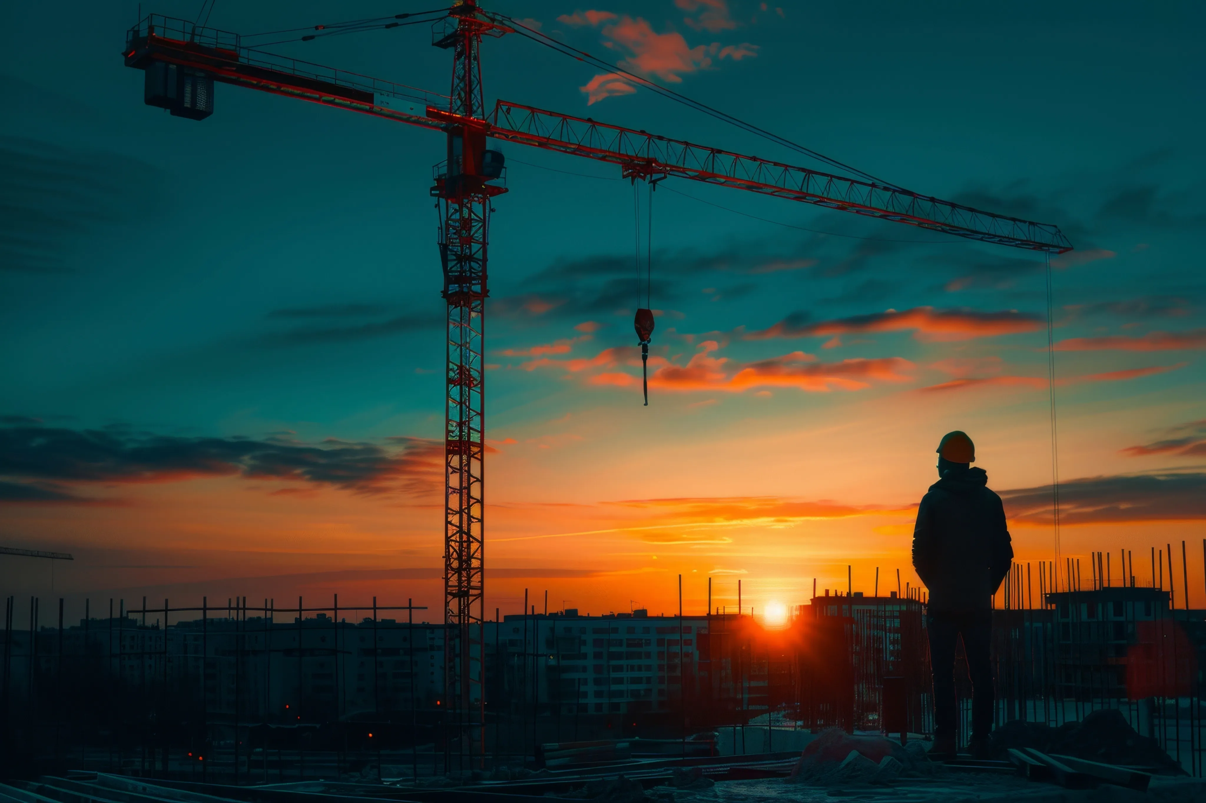 Construction skyline at sunset with crane and worker silhouette.