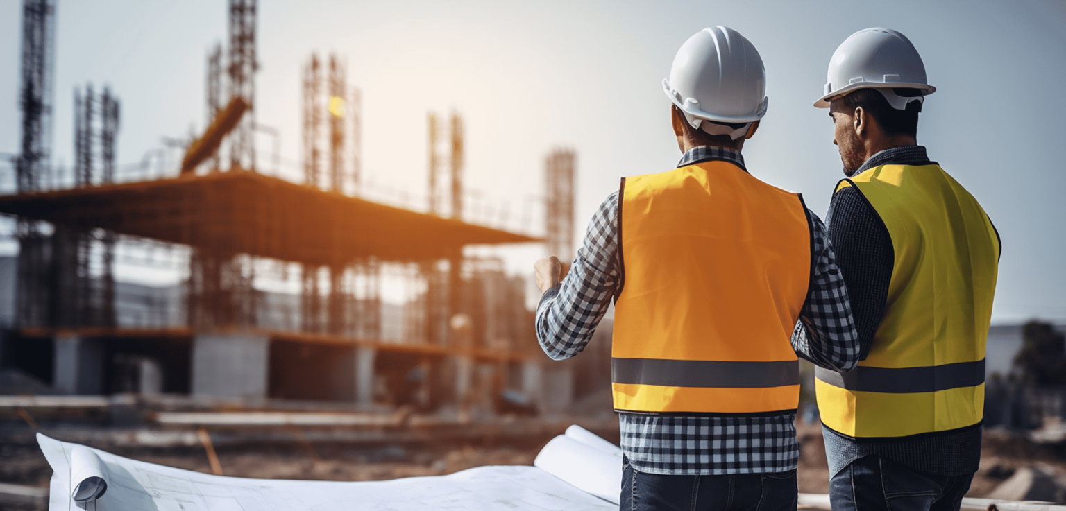 Construction professionals reviewing blueprints on an active building site.