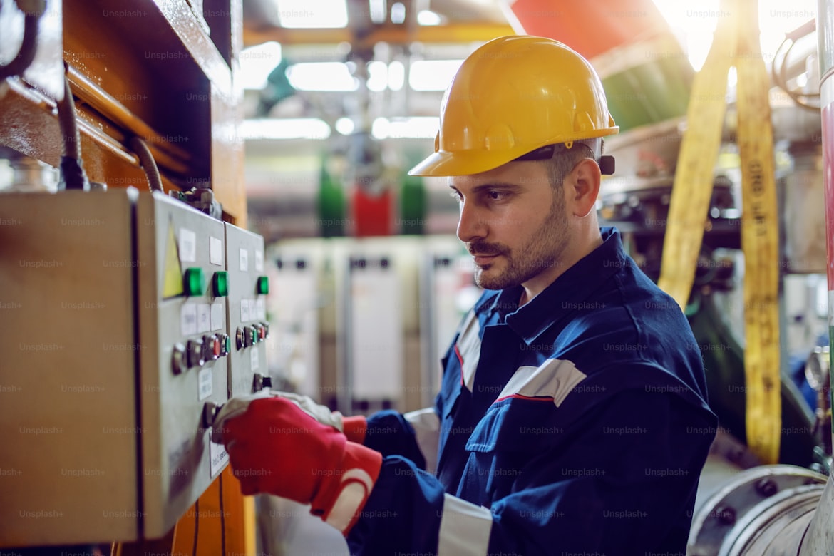 Technician in a hard hat adjusting electrical controls on industrial machinery.