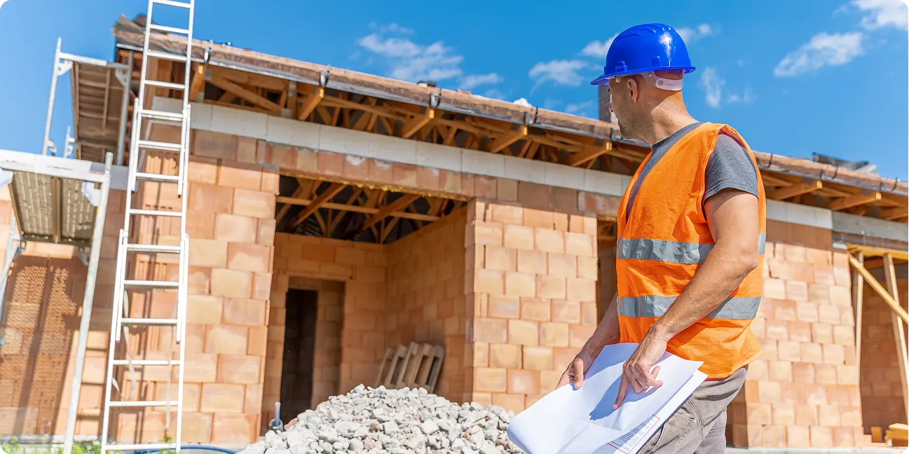 Construction workers on a brick building site under scaffolding.